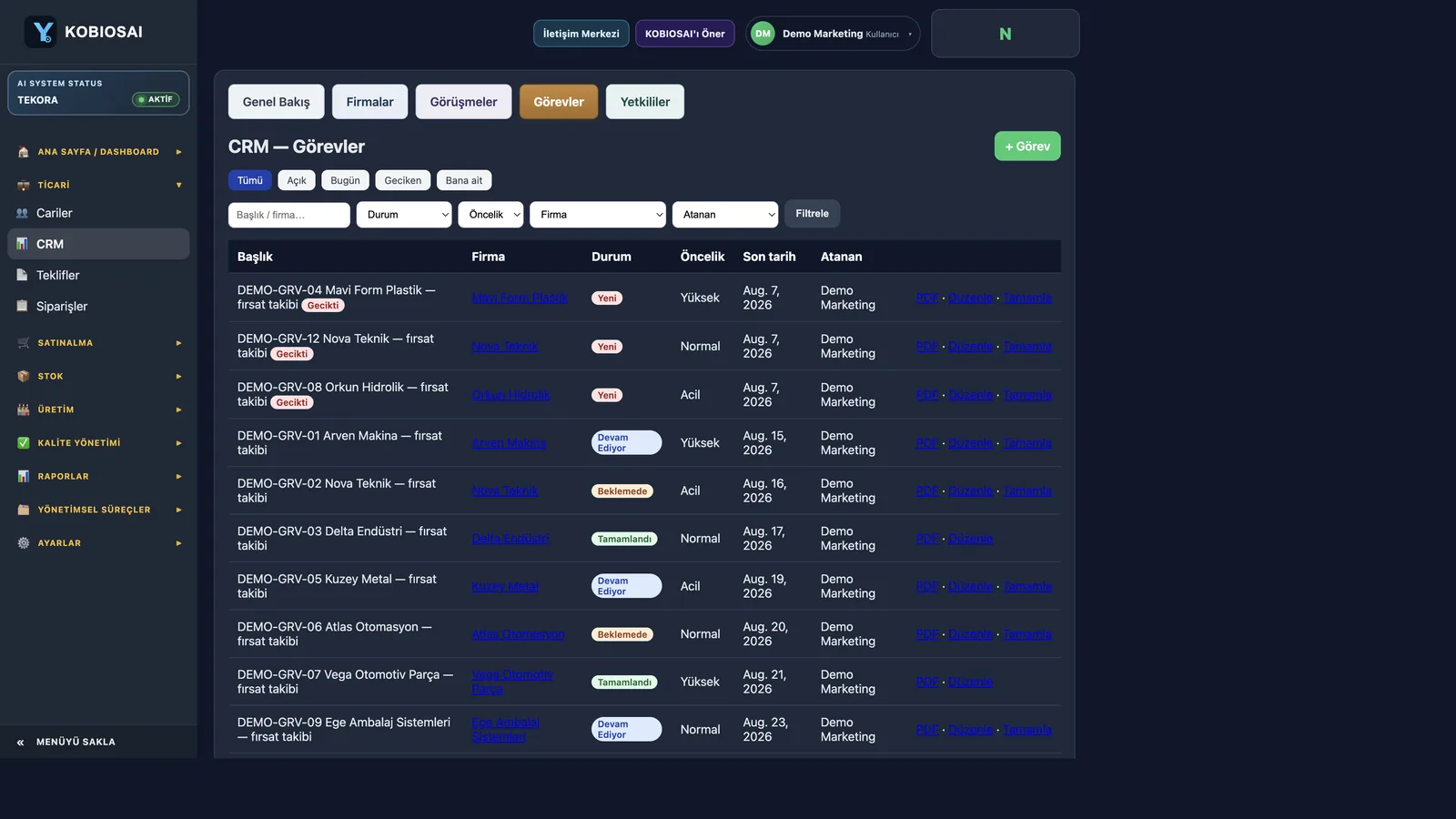 CRM — Görevler — Kobios AI gerçek ekran görüntüsü
