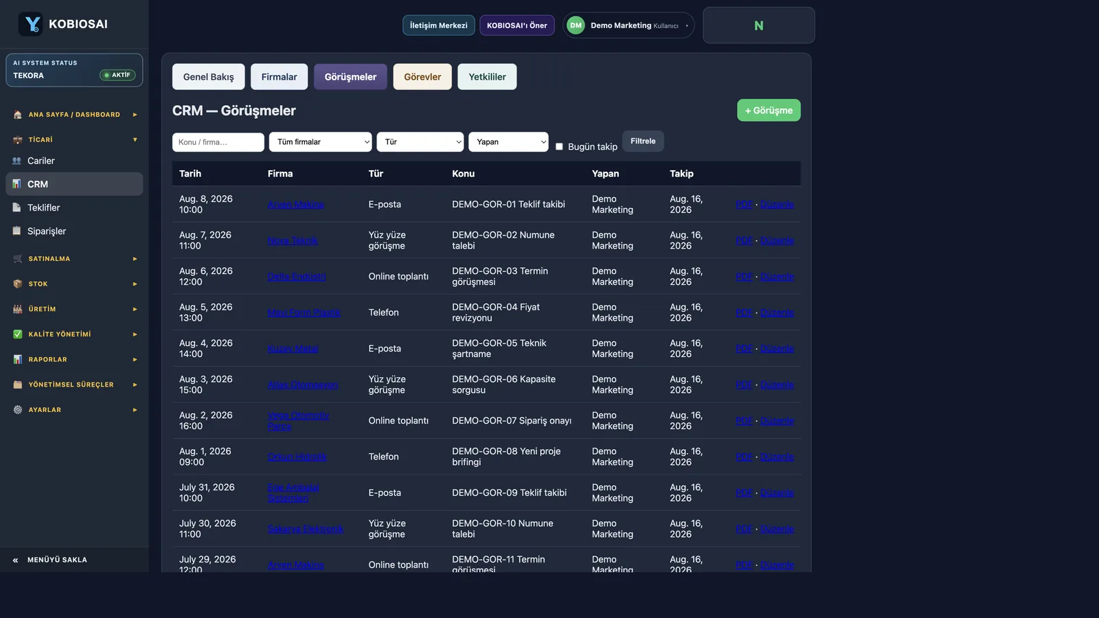 CRM — Görüşmeler — Kobios AI gerçek ekran görüntüsü