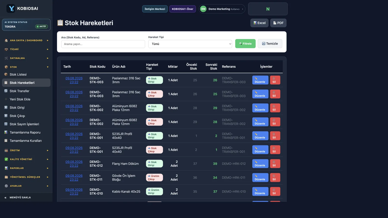 Stok Hareketleri — Kobios AI gerçek ekran görüntüsü