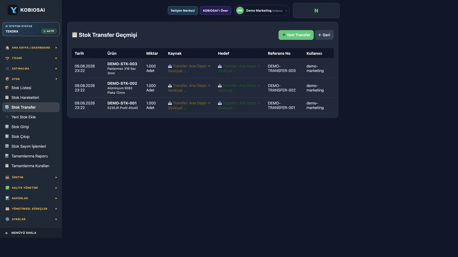 Stok Transfer — Kobios AI gerçek ekran görüntüsü