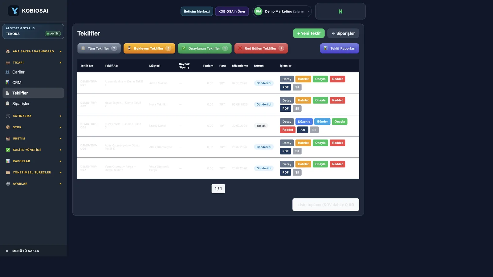 Teklifler — Kobios AI gerçek ekran görüntüsü